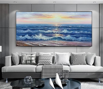Paisajes Painting - Luz del sol Paisaje marino olas azules por Palette Knife playa arte pared decoración orilla del mar